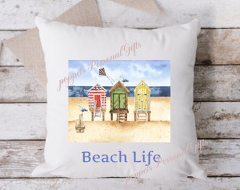 Personalised Beach hut cushion, Beach Hut design, Caravan cushion, Beach hut cushion, Sea side cushion. Summer house cushion.