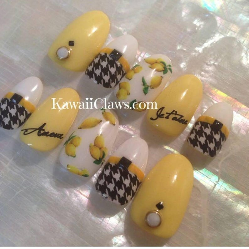 Lemon Yellow Houndstooth Check Kawaii Gel Nail Art Etsy