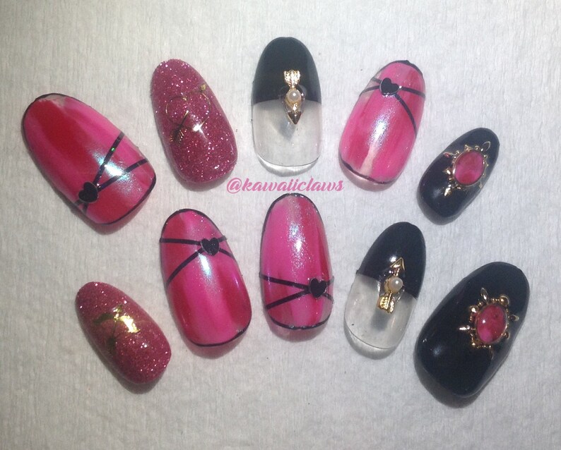 Pink Red Black Hearts Glitter Love Gel Nail Art Press On Etsy Pink Red Black Hearts Glitter Love Gel Nail Art Press On Etsy