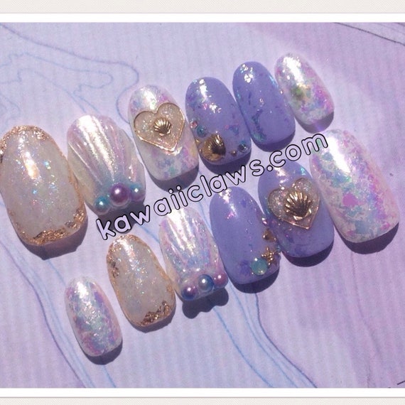 Pastel Aurora Mermaid Shell Nails Press On Gel Nail Art Fake | Etsy