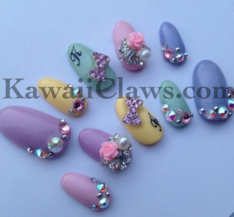 Rainbow Pastel Monogram Swarovski Kawaii Gel Nail Art Press On Etsy