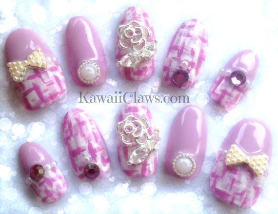 Tweed rose kawaii faux/faux ongles 3D japonais gel ongles avec des perles de Swarovski rose