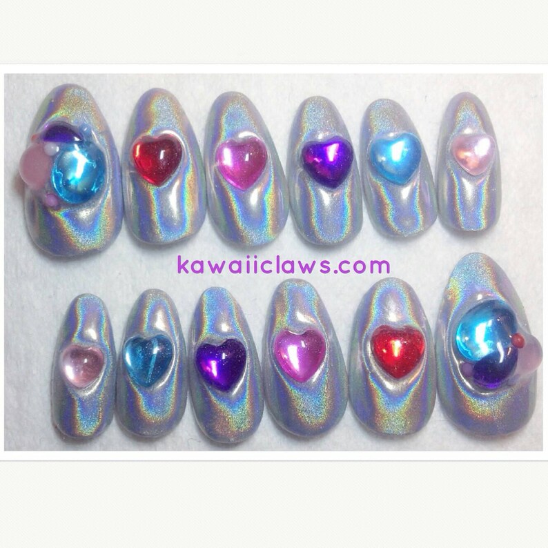 Holographic Heart Gem Kawaii Holo Gel Nail Art Press On False Etsy