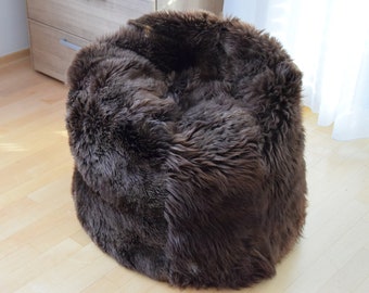 Sac à haricots en fourrure naturasan, manchon de harit en vraie peau d'agneau naturelle, coussin de siège, pouf, tabouret, sac de fève de fauteuil, 65 cm de diamètre, brun naturel