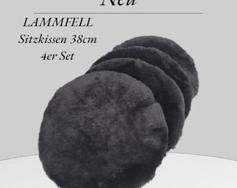 Naturasan zitkussenset van lamsvacht, 4 zitkussens Merino schapenvacht, stoelkussen, stoelkussen, zacht sierkussen, set van 4 rond, 38 cm grijs