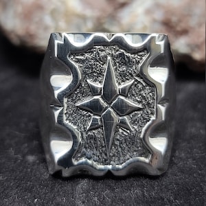 Sterling silver signet ring, north star carved design, new ,high polished, dark patina blackened background, biker/rocker ring