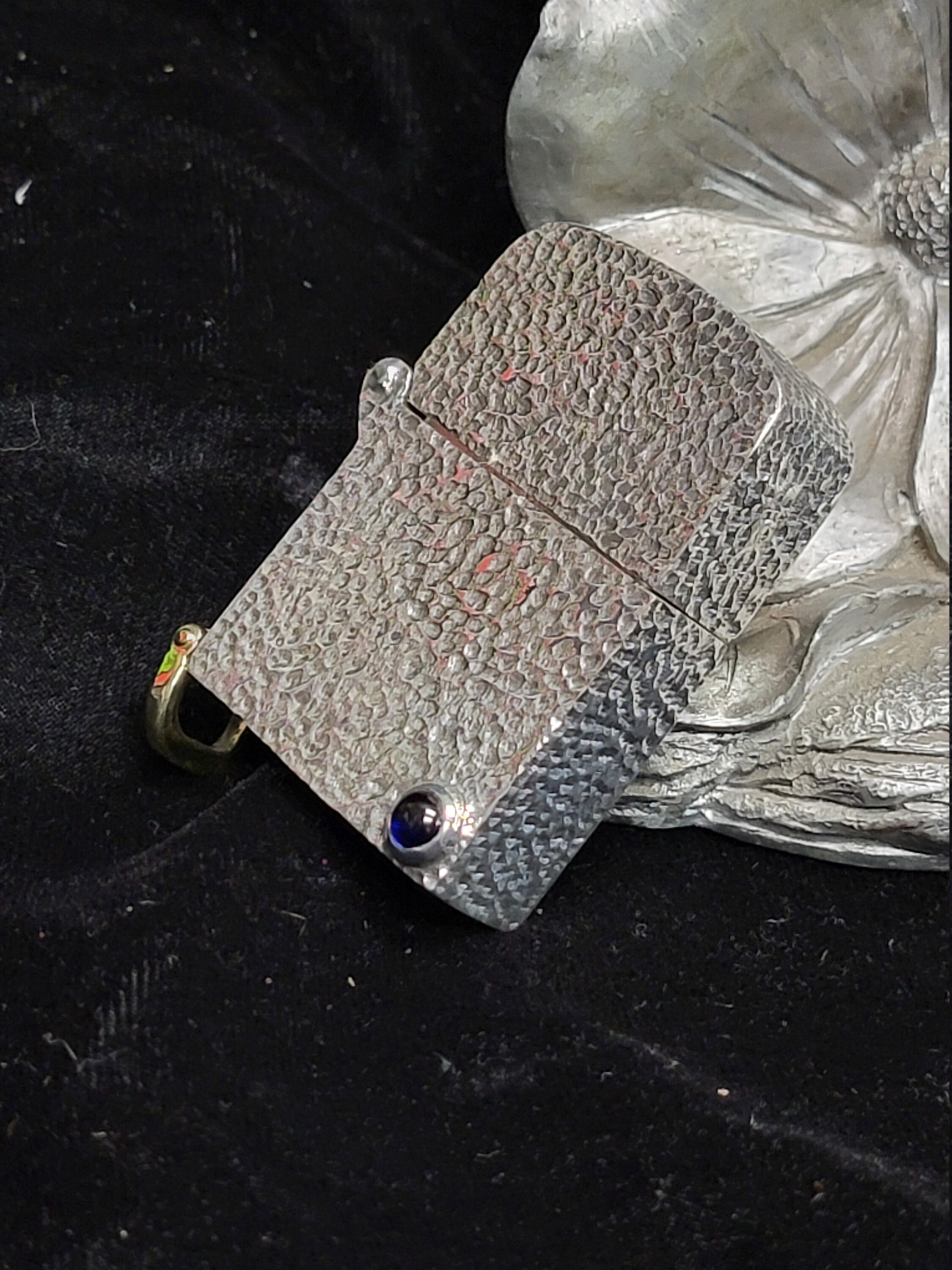 Sterling Silver Zippo Lighter Case, Bezel Stone Set, Brass Shackle 