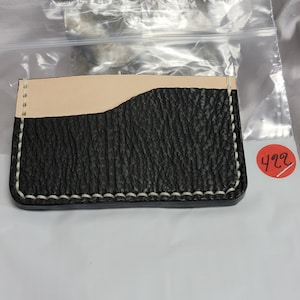 Genuine Leather, hand made, hand stitched w/waxed nylon thread, minimalist style, 3 pocket card holder, vegan tan and black shark skin,new