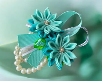 Corsage da polso Kanzashi con fiori per ballo di fine anno e matrimonio, colore verde acqua.