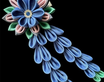 Fermaglio per capelli con fiori Kanzashi blu, verde biscaglia, grigio e rosa: nastro grosgrain Tsumami