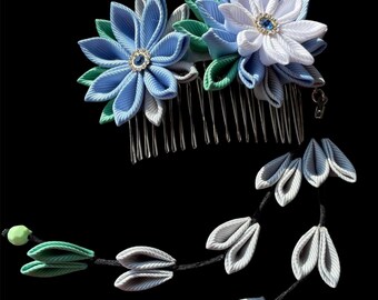 Pettine per capelli Kanzashi blu, bianco, grigio, verde.