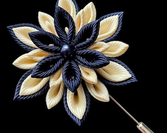 Spilla da bavero con fiore Kanzashi blu avorio, spilla da sposa