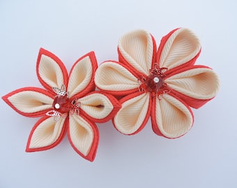 Kanzashi fabric flower hair clip. beige and red.