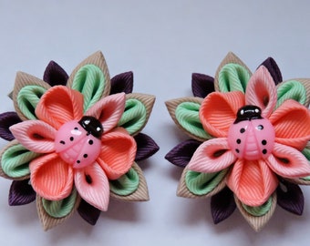 Kanzashi Fabric Flowers. Set of 2 hair clips.Fabric hair clips.