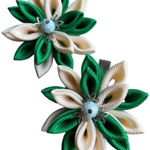 Kanzashi Flower Hair Clips: Green & Beige Grosgrain Ribbon Set