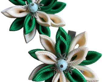 Kanzashi Flower Hair Clips: Green & Beige Grosgrain Ribbon Set