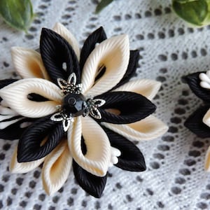 Kanzashi Flower Hair Clips: Black & Beige Grosgrain Ribbon, Set of 2