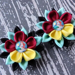 Kanzashi Fabric Flowers. Set of 2 hair clips. Girl&#39;s hair clips. Princess Ariel.