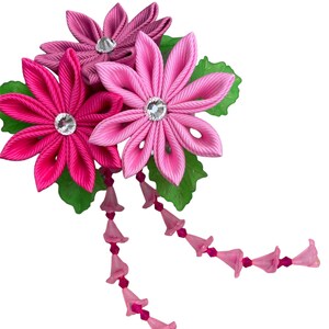 Japanese hair clip. Kanzashi Fabric Flower hair clip with falls. Pink flower.