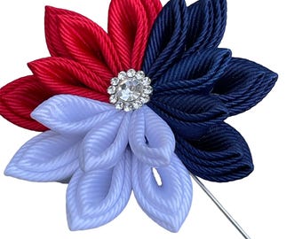 Spilla da bavero a forma di fiore Kanzashi, spilla patriottica a forma di fiore in nastro di grosgrain