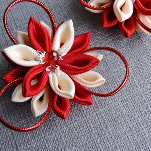 Kanzashi Flower Hair Clips: Red & Beige Grosgrain Ribbon, Set of 2