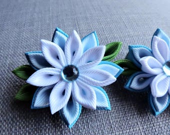 青いかんざしの花のヘアクリップ：グログランリボンセット