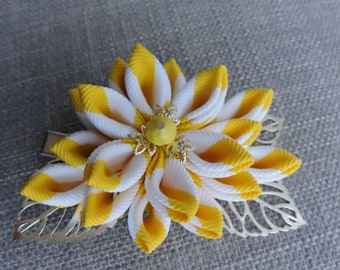 Kanzashi fabric flower hair clip. Yellow White  Flower