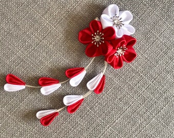Japanese hair piece Kanzashi hair clip Kimono hair accessories Handmade Japanese Traditional Tsumami Kanzashi Red White Flower