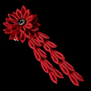Red Kanzashi Flower Hair Clip: Grosgrain Ribbon Tsumami - Japanese Hair Piece