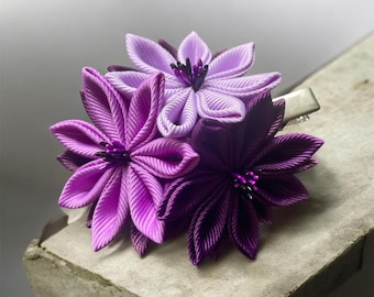 Kanzashi Purple Flower Hair Clip: Japanese Grosgrain Ribbon Hairpiece
