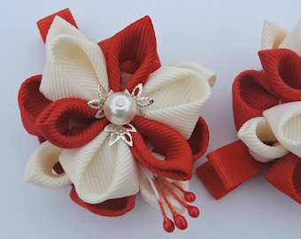 Kanzashi Fabric Flowers. Set of 2 hair clips. Red and Beige.