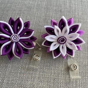 Nurse Badge Reel, Retractable Name Badge Teacher ID Holder, Purple White Flower.