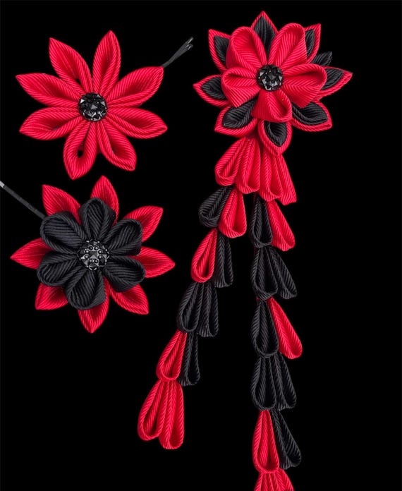 Red & Black Kanzashi Flower Hair Clip Set: Japanese Hair  display picture 1