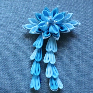 Blue Kanzashi Flower Hair Clip: Japanese Grosgrain Ribbon Accessory