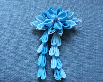 Blue Kanzashi Fabric Flower hair clip with falls. Japanese hair clip.