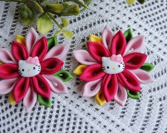 Kanzashi Fabric Flowers. Set of 2 hair clips.   Girl's hair clips. Kanzashi hair clips. Pink girl's hair clips.