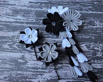 Kanzashi flowers. Set of 3 hair pieces. White Silver  and Black hair clip.  White kanzashi clip. Japanese hair clip.