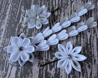 Kanzashi flowers. Set of 3 hair pieces. White and silver hair clip. White oriental hair piece. White kanzashi clip. Japanese hair clip.