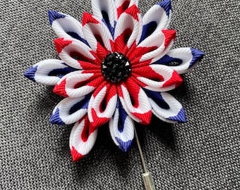 Kanzashi Flower Lapel Pin Patriotic Flower Grosgrain Ribbon Red White Blue.