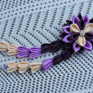 Japanese hair clip. Kanzashi Fabric Flower hair clip with falls. Flower hair piece.