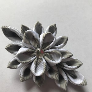 Kanzashi Flower Fabric Flower White and Silver Hair Clip