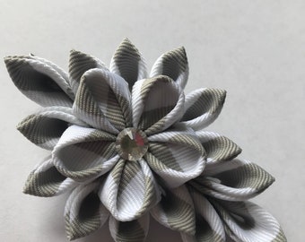 Kanzashi Flower Fabric Flower White and Silver Hair Clip