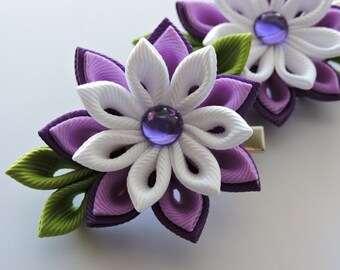 Purple  Kanzashi Fabric Flower hair clip. Purple and white flower clip.Set of 2 hair clips.