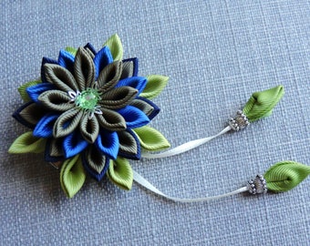 Kanzashi Fabric Flower Navy Old Willow Smoke Blue Spring Moss Colors Flower.