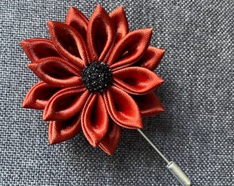 Kanzashi Flower Pin: Rush Satin Petals, Black Center Brooch