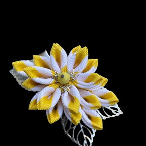 Kanzashi fabric flower hair clip. Yellow White  Flower