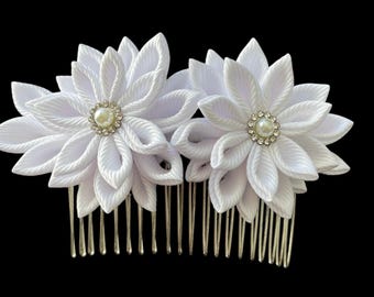 Pettine per capelli bianchi, fiore da sposa Kanzashi