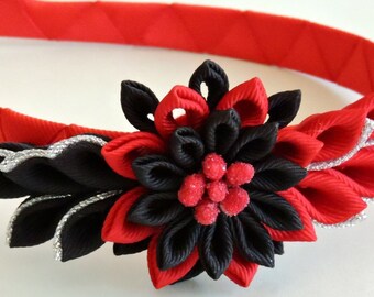 Red Kanzashi Flower Headband: Black & Silver Grosgrain Ribbon
