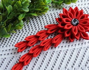Red Kanzashi Fabric Flower hair clip with falls. Red Flower hair piece. Japanese hair clip. Red hair piece.