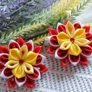 Kanzashi fabric flower hair clip.Red ,yellow,white.Set of 2 hair clip.